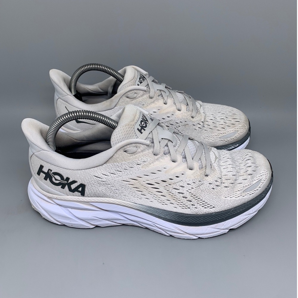Hoka One Clifton 8 Silver White Running Shoes Men's Sz 8D Women's Sz 9